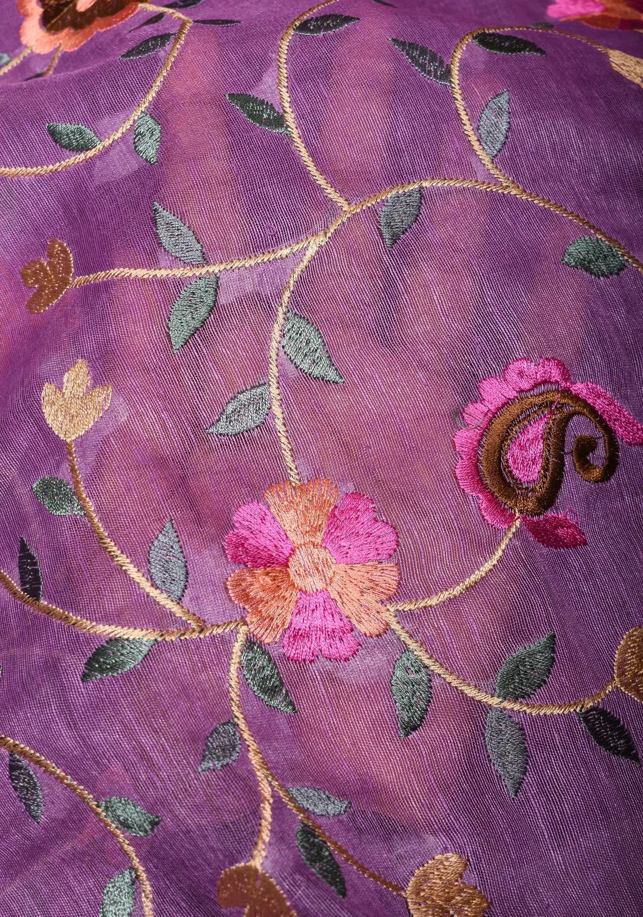 Floral Jaal embroidery on Silk Linen In Purple with woven zari borders| KIHUMS Saree