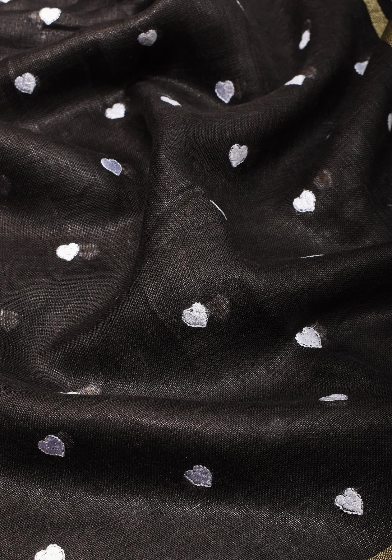 Hearts Embroidered Black Pure Linen Saree | KIHUMS Saree