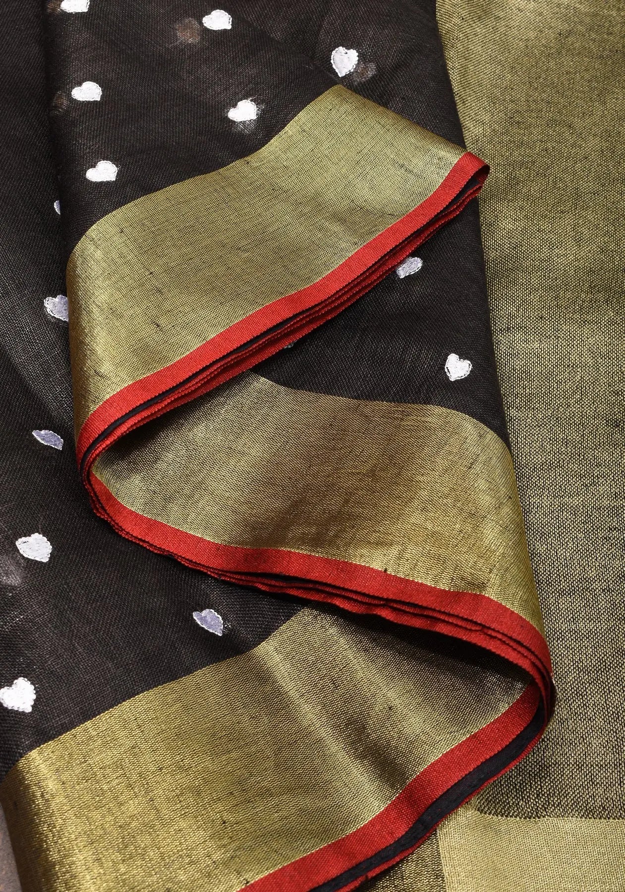 Hearts Embroidered Black Pure Linen Saree | KIHUMS Saree