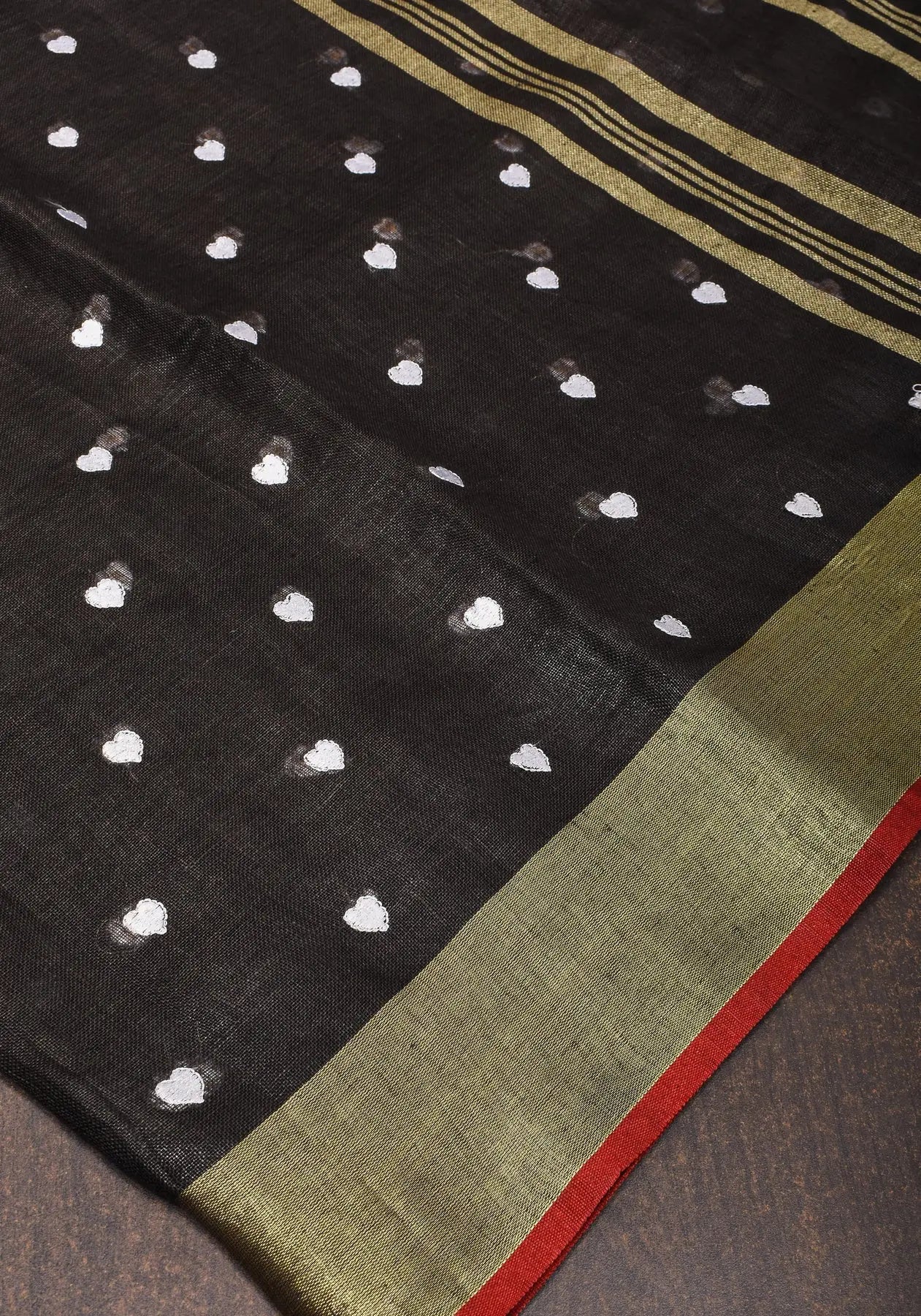 Hearts Embroidered Black Pure Linen Saree | KIHUMS Saree