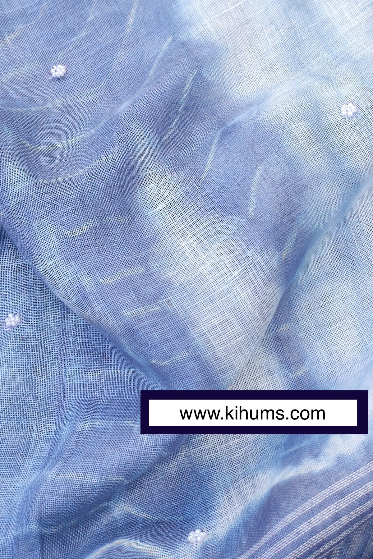 Blue and White Tie Dye Handwoven Linen Saree with Hand Embroidery Work