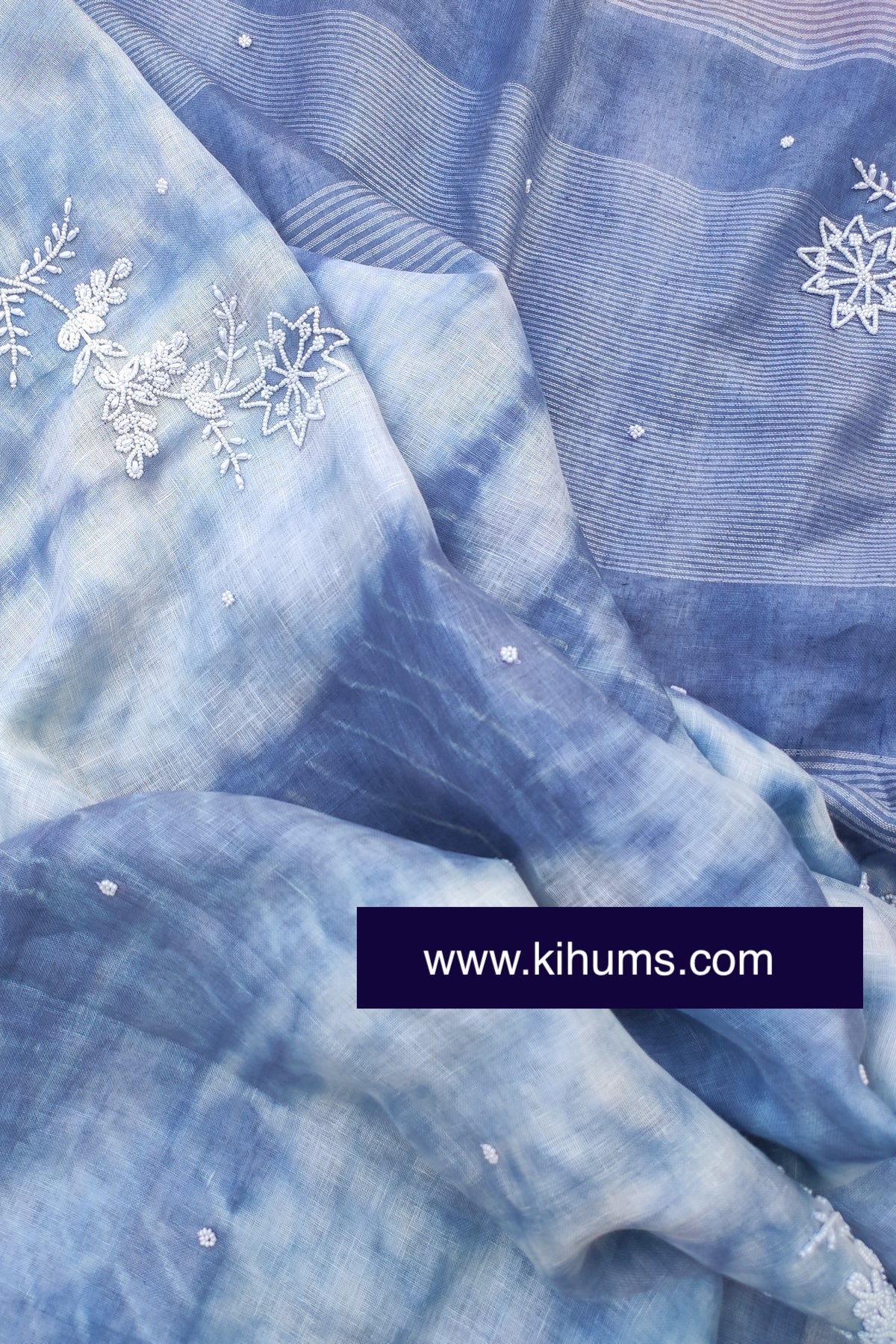 Blue and White Tie Dye Handwoven Linen Saree with Hand Embroidery Work