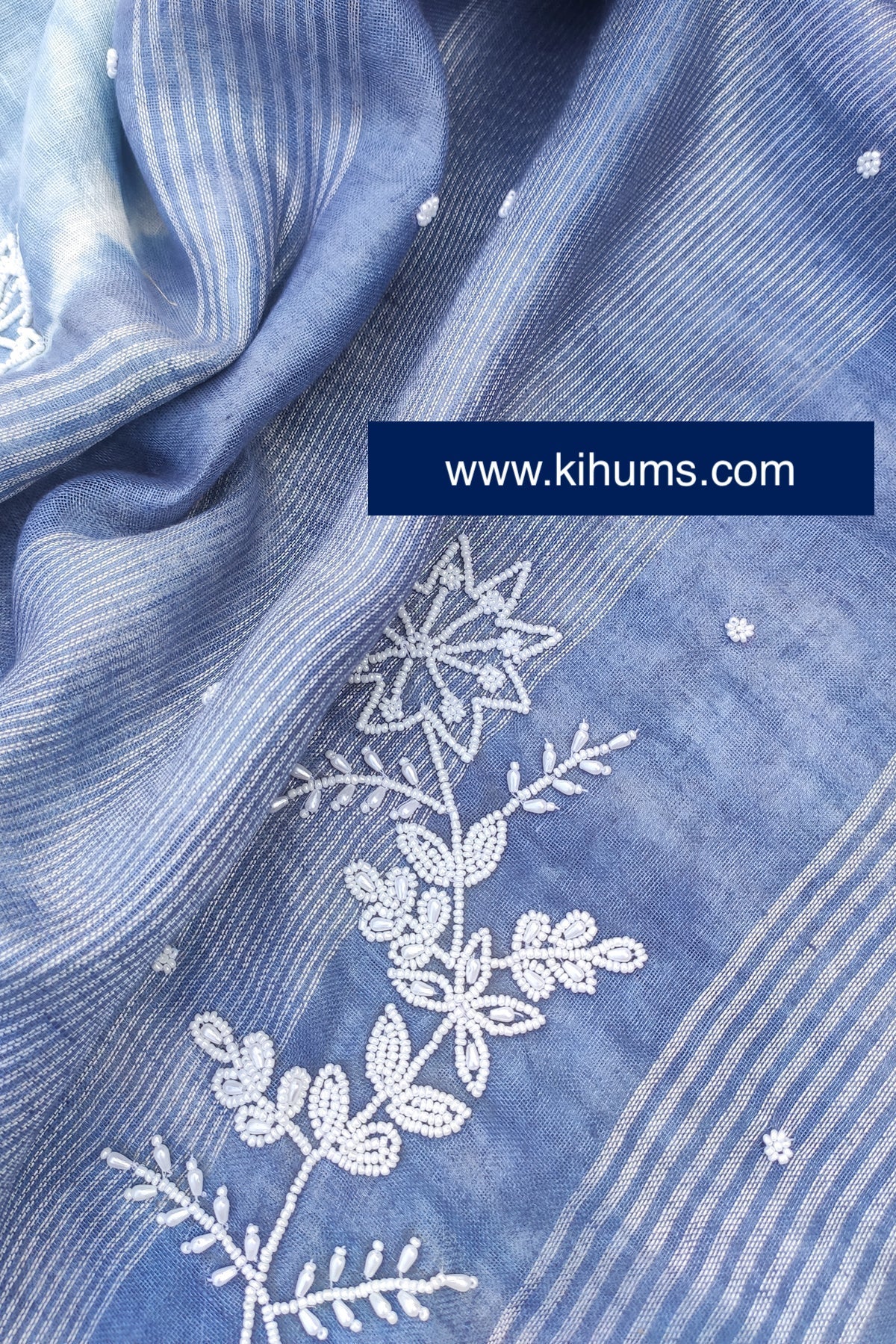 Blue and White Tie Dye Handwoven Linen Saree with Hand Embroidery Work