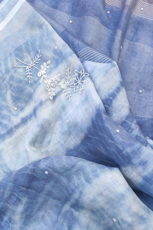 Blue and White Tie Dye Handwoven Linen Saree with Hand Embroidery Work