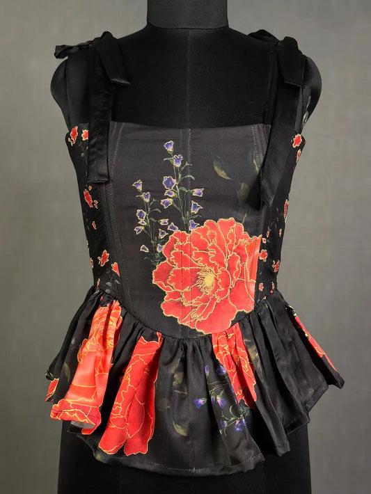Black Elegant Printed Silk Corset tops for women with embroidery outline kihums clothing