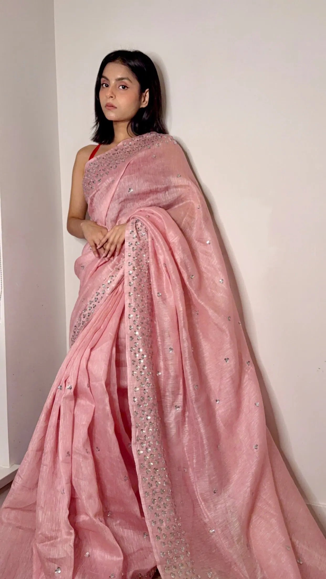 Pastel Pink Silk Linen Embellished Saree| Handwork | Sequins work KIHUMS Saree