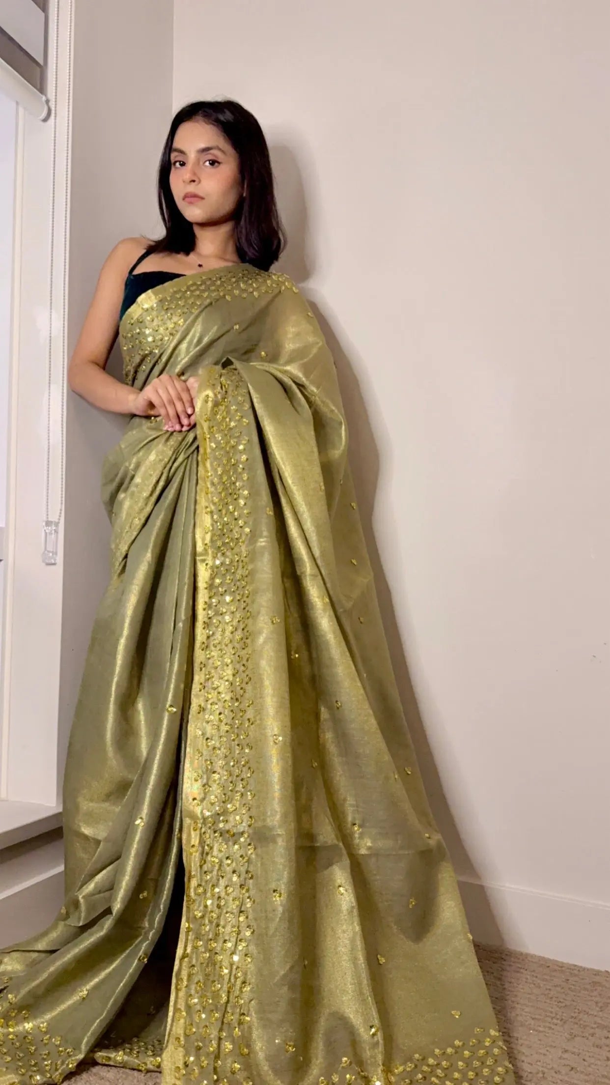 Green with Gold Zari Linen Embellished Gold shimmering Saree| Handwork | Sequins work KIHUMS Saree