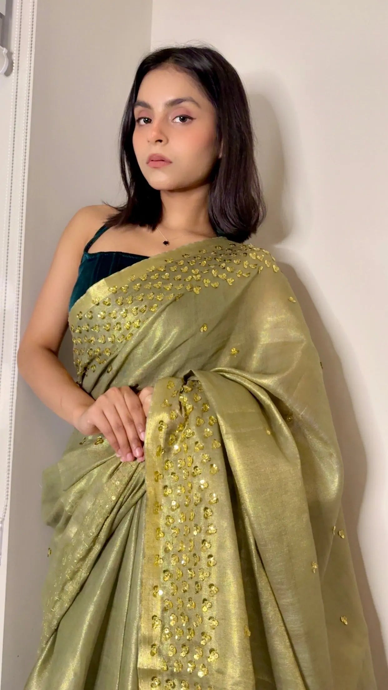 Green with Gold Zari Linen Embellished Gold shimmering Saree| Handwork | Sequins work KIHUMS Saree