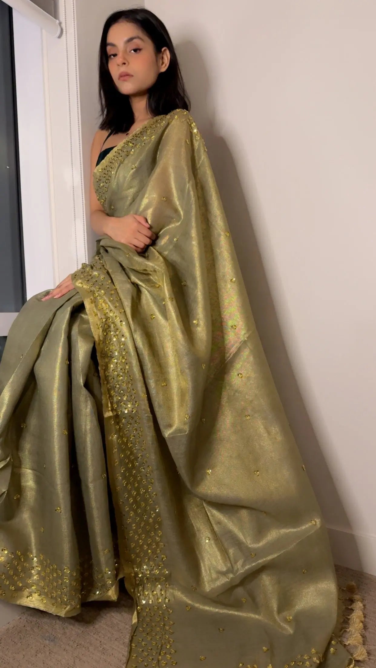 Green with Gold Zari Linen Embellished Gold shimmering Saree| Handwork | Sequins work KIHUMS Saree