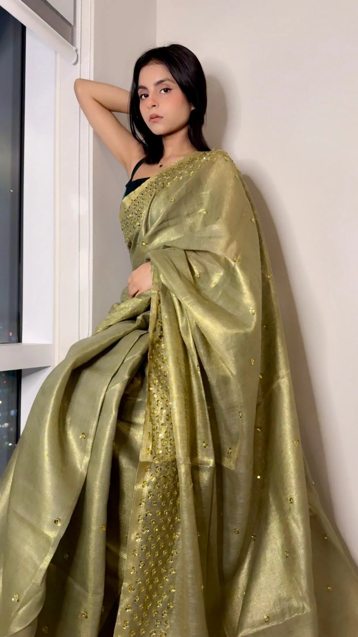 Green with Gold Zari Linen Embellished Gold shimmering Saree| Handwork | Sequins work KIHUMS Saree