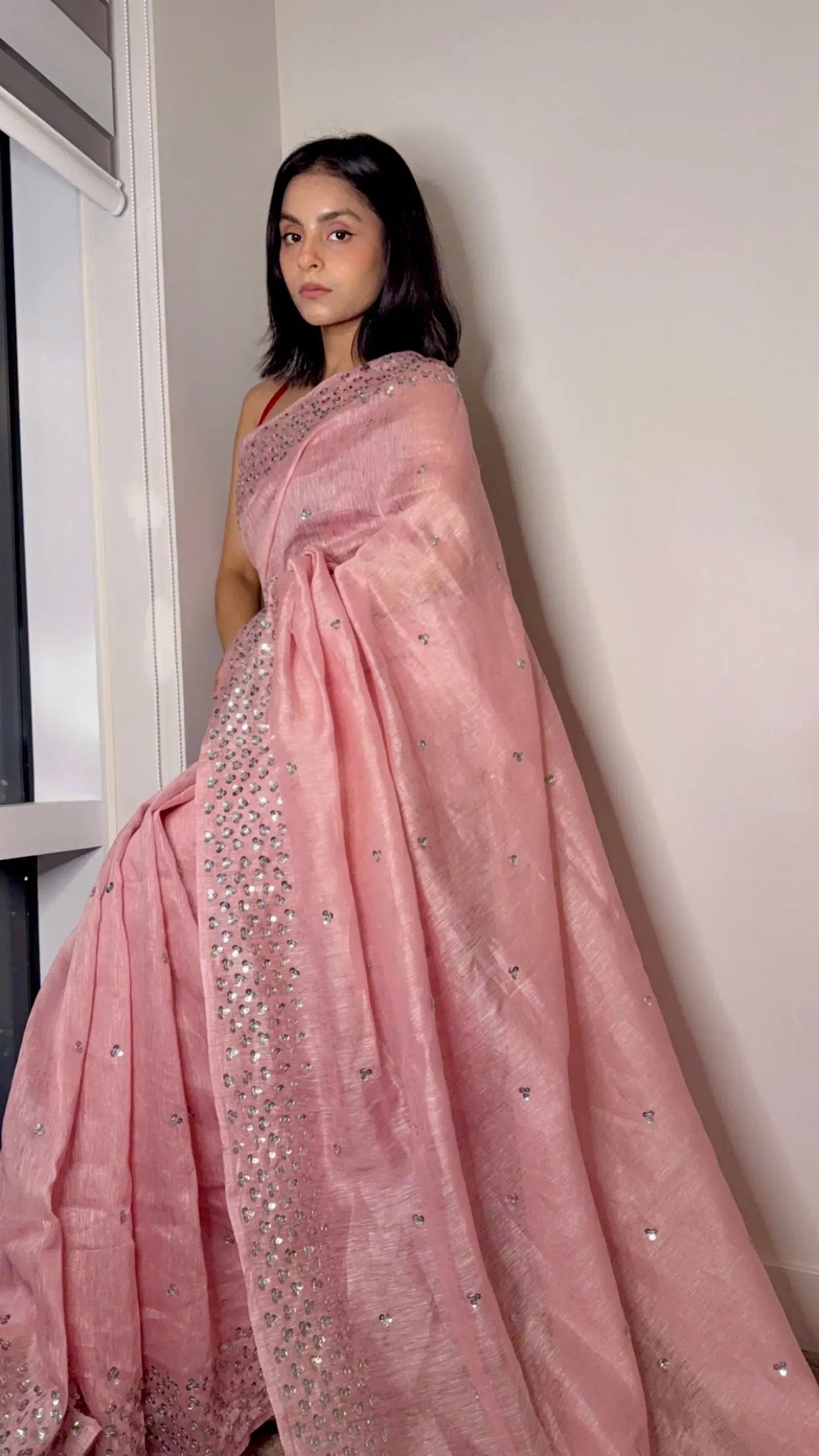 Pastel Pink Silk Linen Embellished Saree| Handwork | Sequins work KIHUMS Saree