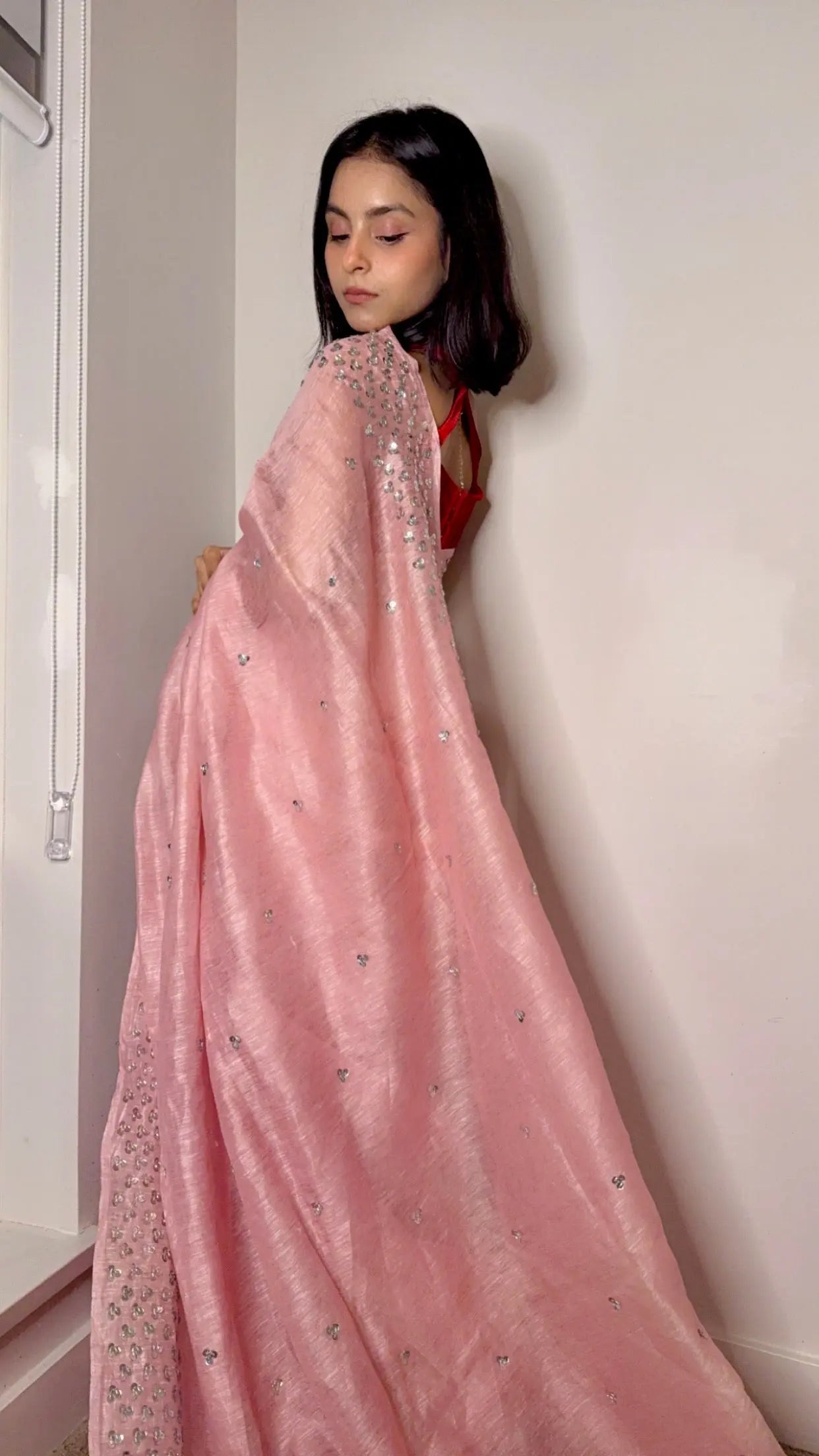 Pastel Pink Silk Linen Embellished Saree| Handwork | Sequins work KIHUMS Saree