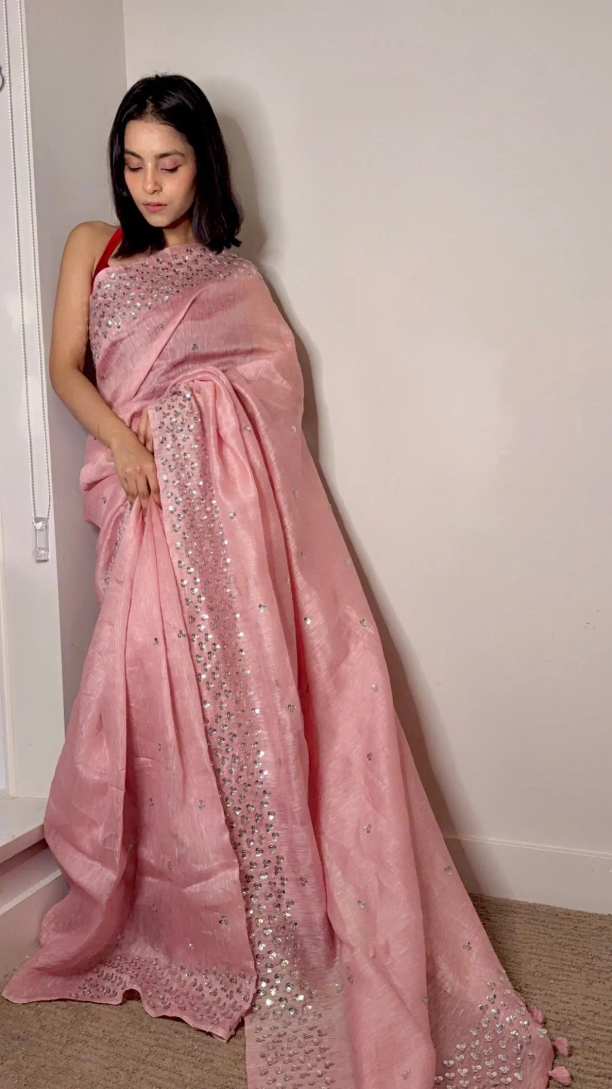 Pastel Pink Silk Linen Embellished Saree| Handwork | Sequins work KIHUMS Saree