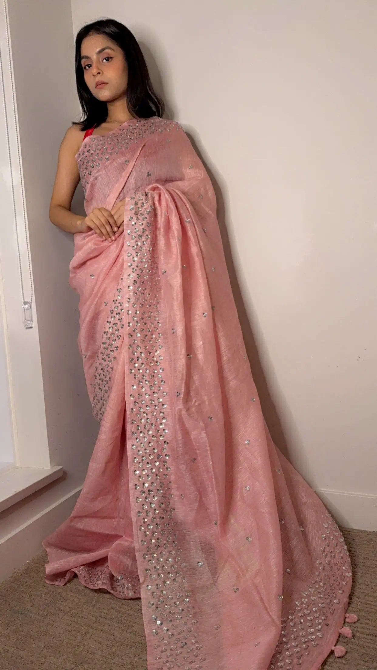 Pastel Pink Silk Linen Embellished Saree| Handwork | Sequins work KIHUMS Saree