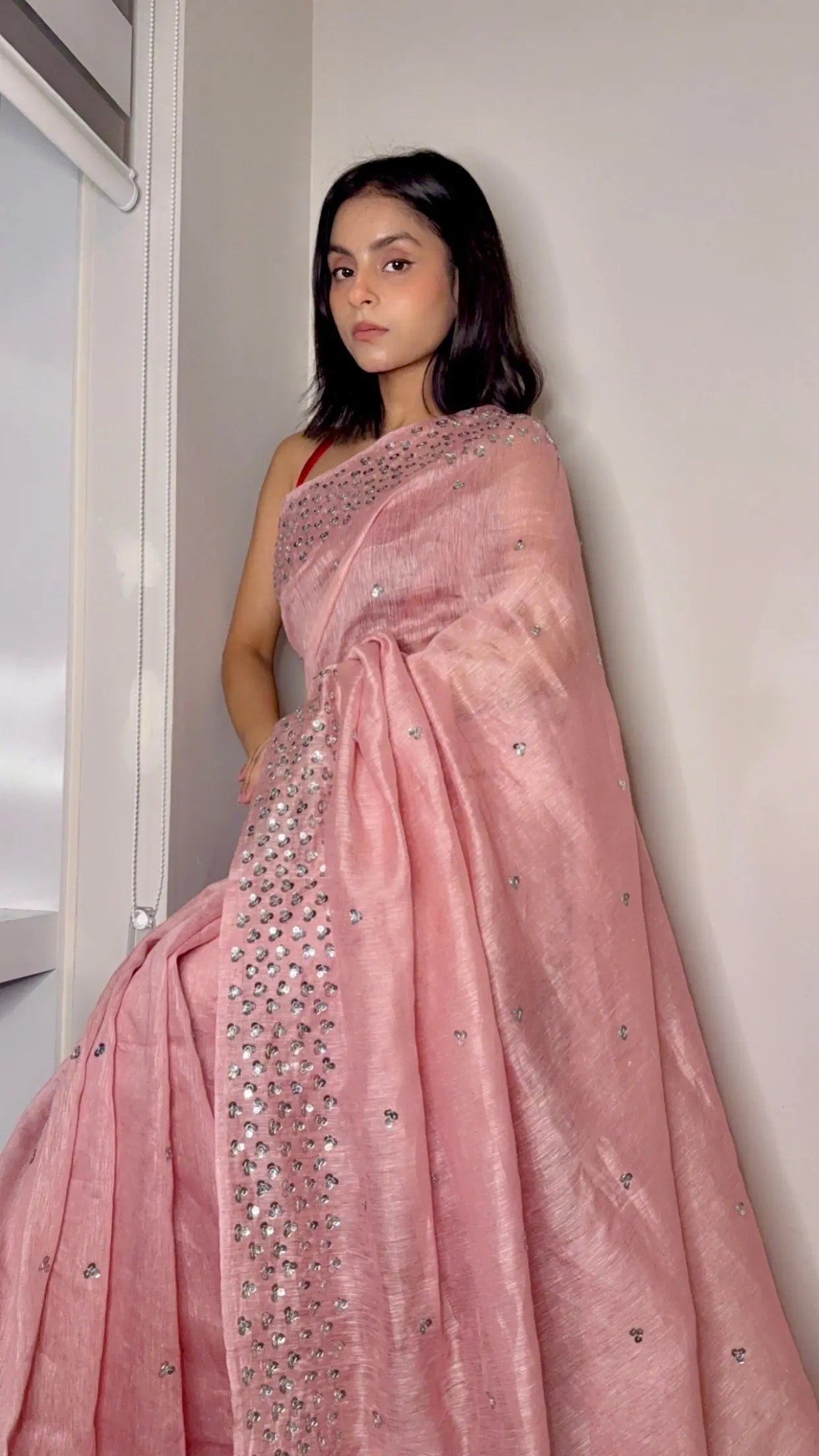 Pastel Pink Silk Linen Embellished Saree| Handwork | Sequins work KIHUMS Saree