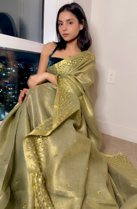 Green with Gold Zari Linen Embellished Gold shimmering Saree| Handwork | Sequins work KIHUMS Saree