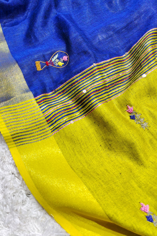 Blue Handwoven Zari Linen Saree with Hand Embroidery Work