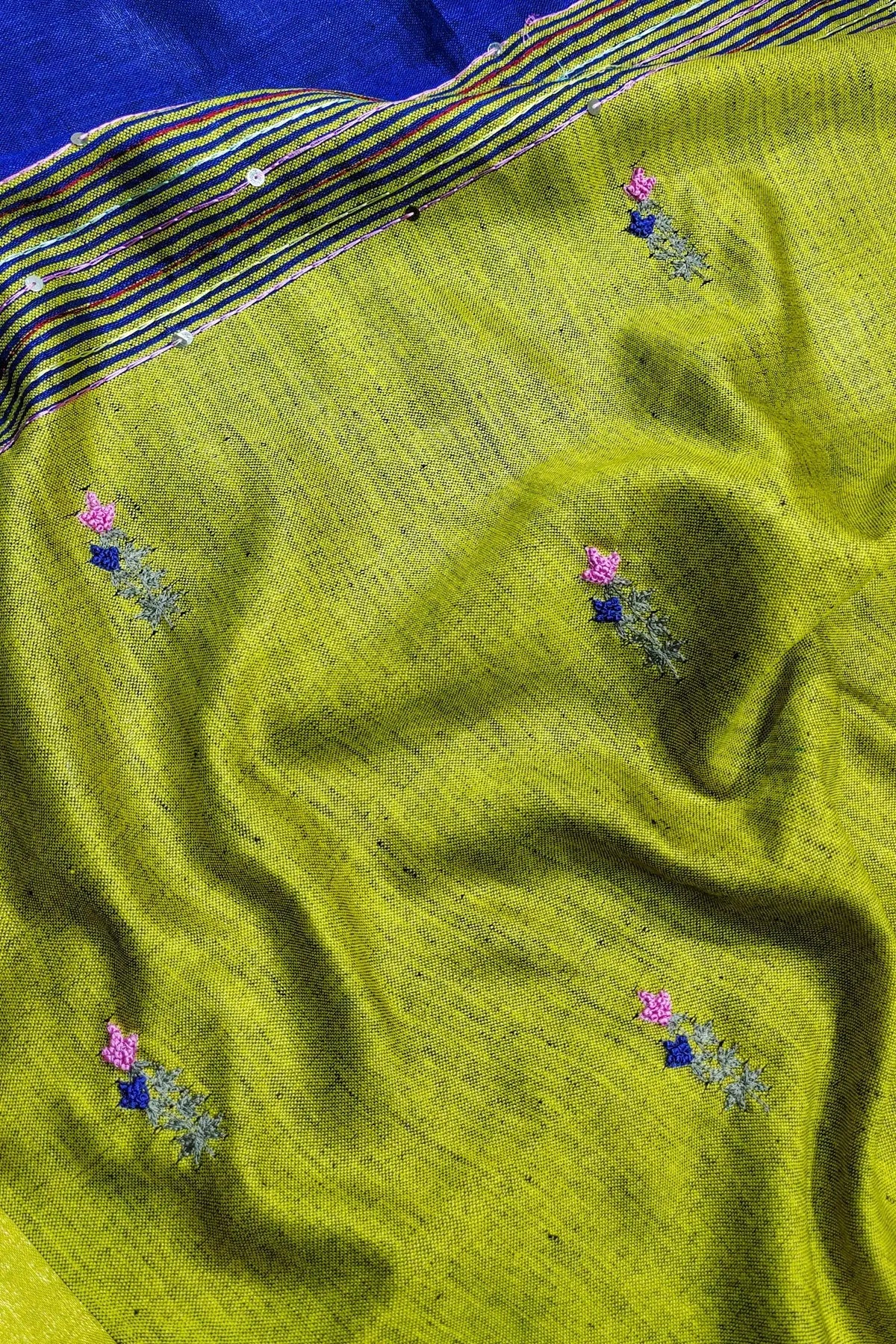 Blue Handwoven Zari Linen Saree with Hand Embroidery Work