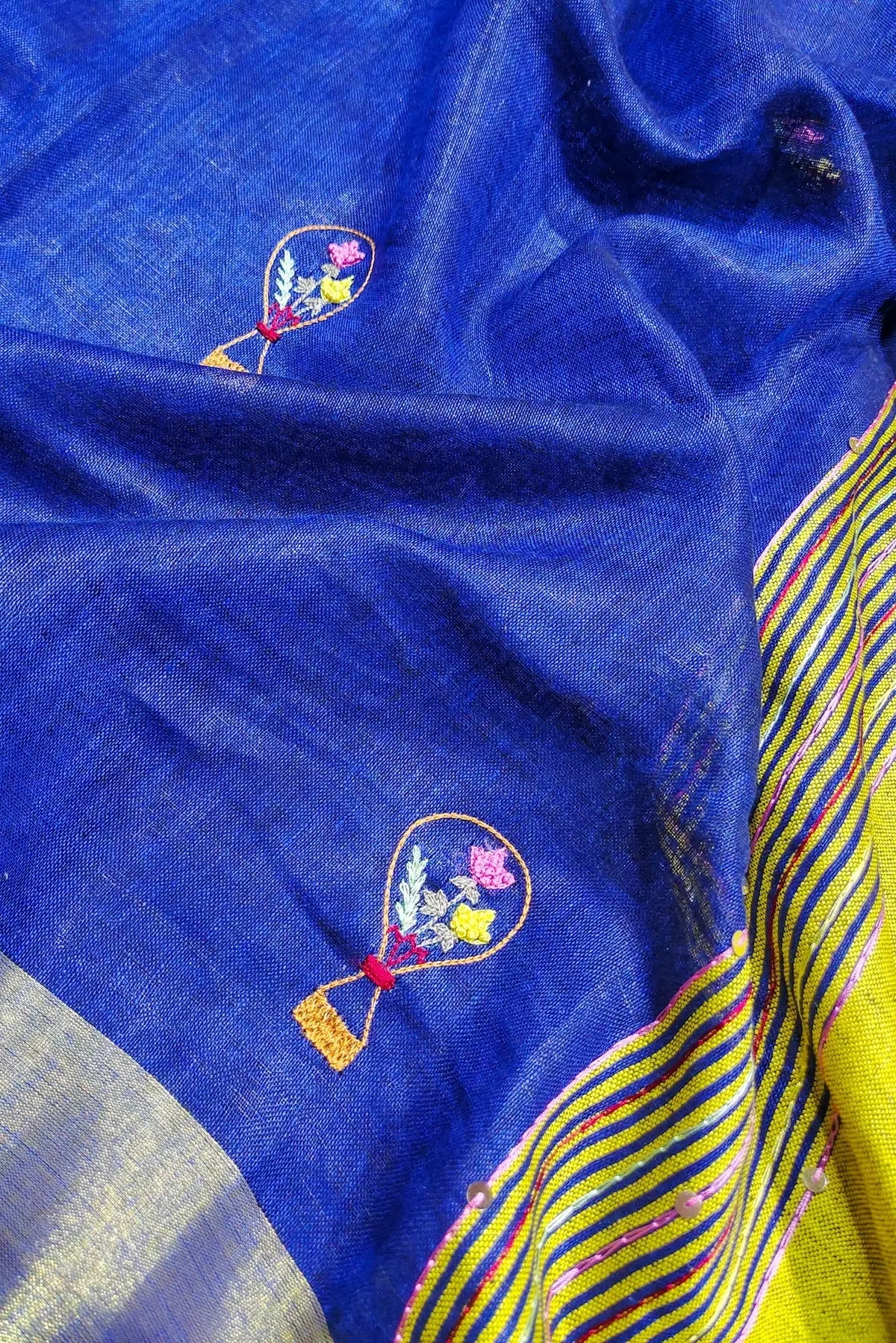 Blue Handwoven Zari Linen Saree with Hand Embroidery Work