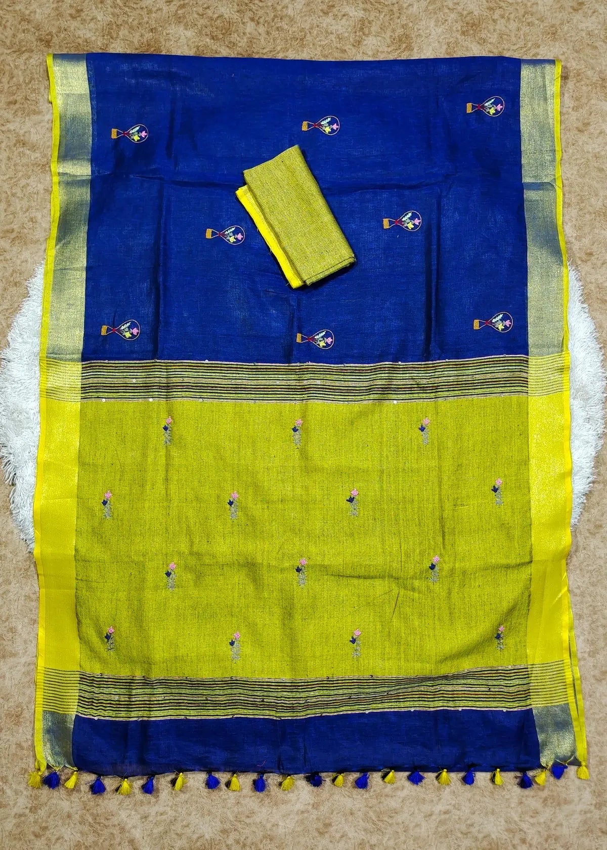 Blue Handwoven Zari Linen Saree with Hand Embroidery Work