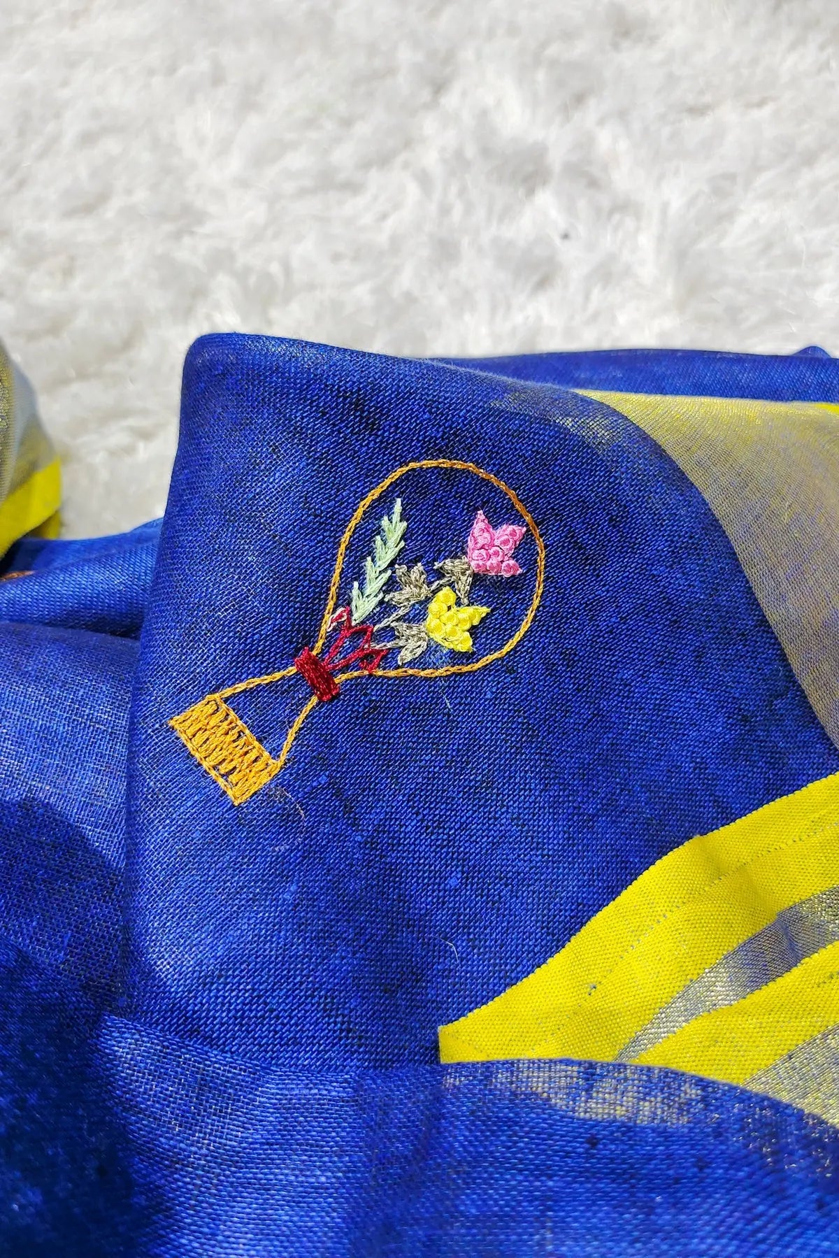 Blue Handwoven Zari Linen Saree with Hand Embroidery Work