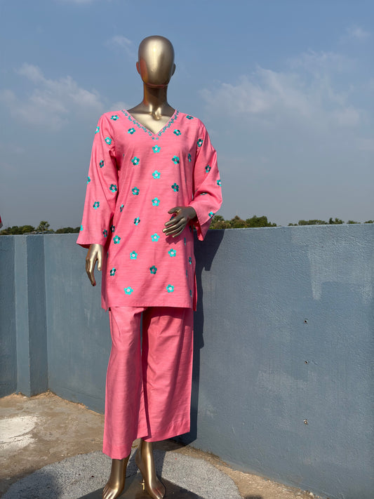 Pink- Pakistani Silhouette Floral Embroidery Kurta Set