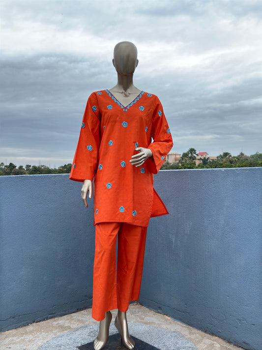 Orange- Pakistani Silhouette Floral Embroidery Kurta Set