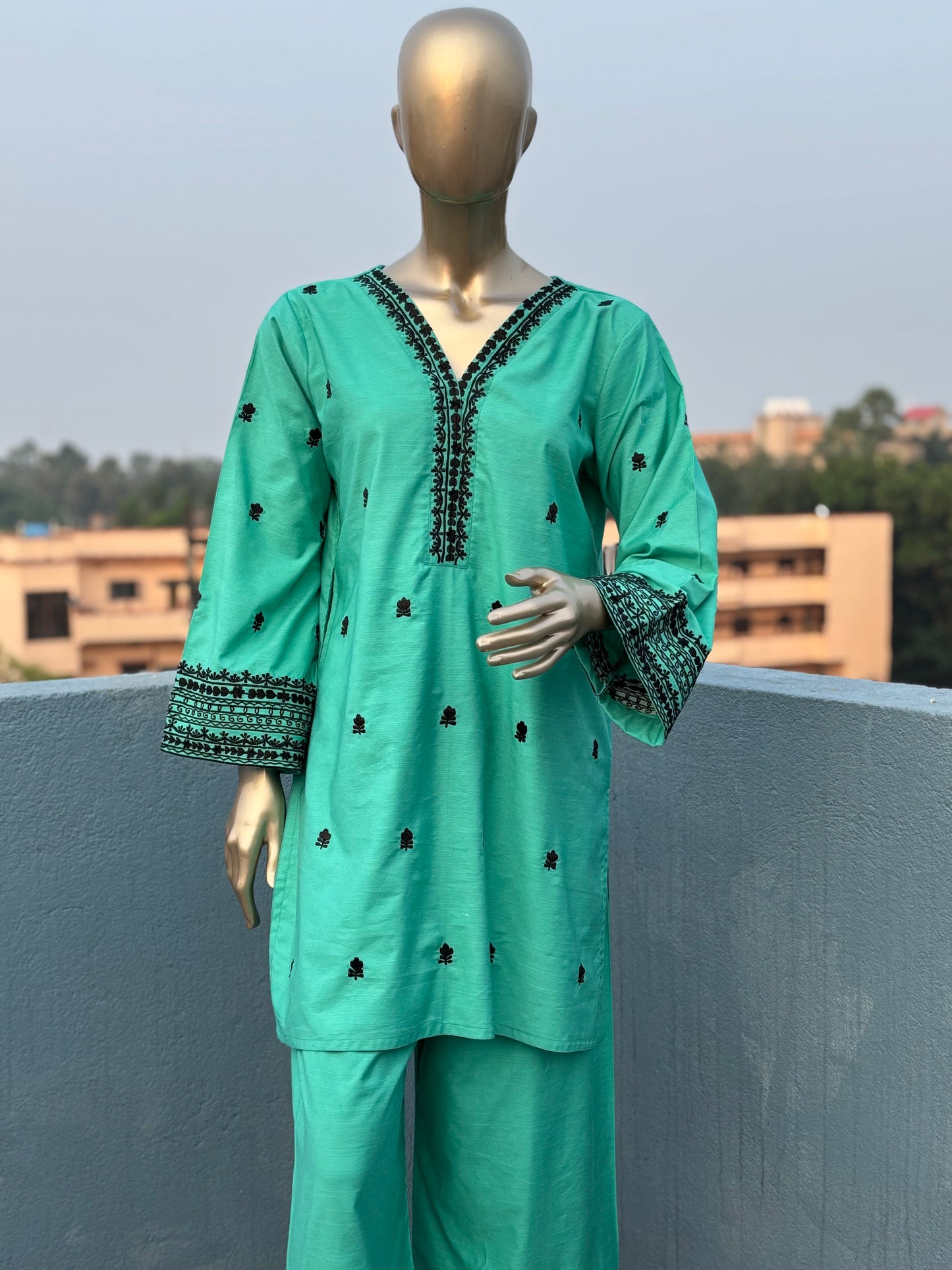 Green with Black Embroidered Pakistani Style Co-ord sets