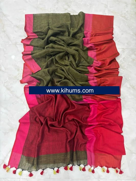 Desert Rose Handwoven Linen Saree  | Contrast border | KIHUMS Saree