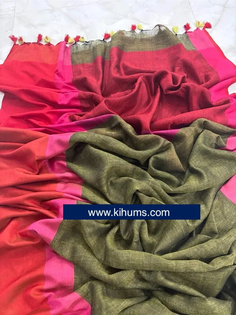 Desert Rose Handwoven Linen Saree  | Contrast border | KIHUMS Saree