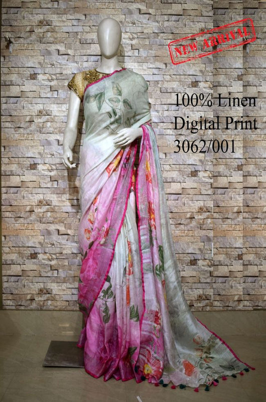 Multi Shade Floral Printed linen saree I Silver Zari BorderI Handwoven Saree I Pretty Sari | KIHUMS Saree