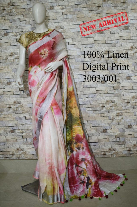 Multi Shade Floral Printed linen saree I Silver Zari BorderI Handwoven Saree I Pretty Sari | KIHUMS Saree