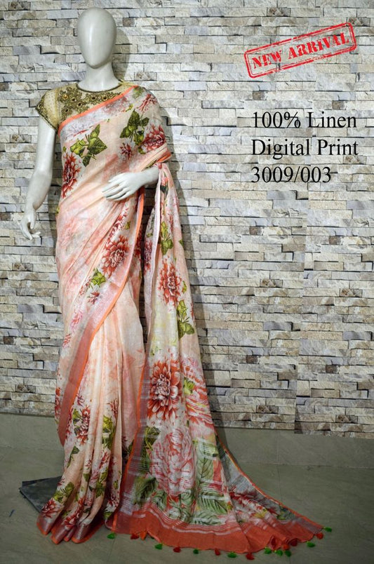 Salmon Shade Floral Printed linen saree I Silver Zari BorderI Handwoven Saree I Pretty Sari | KIHUMS Saree