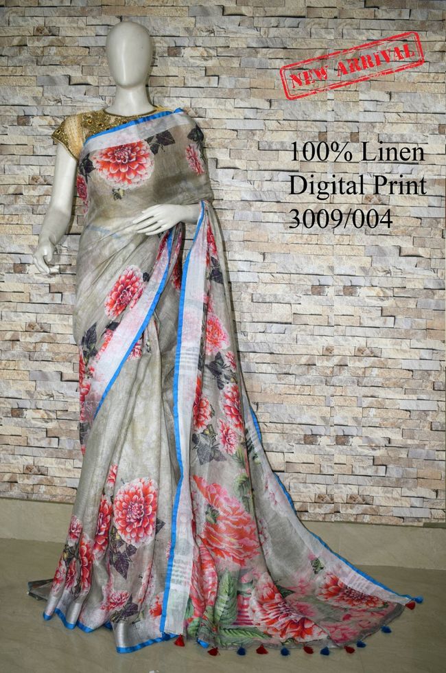 Grey Shade Floral Printed linen saree I Silver Zari BorderI Handwoven Saree I Pretty Sari | KIHUMS Saree