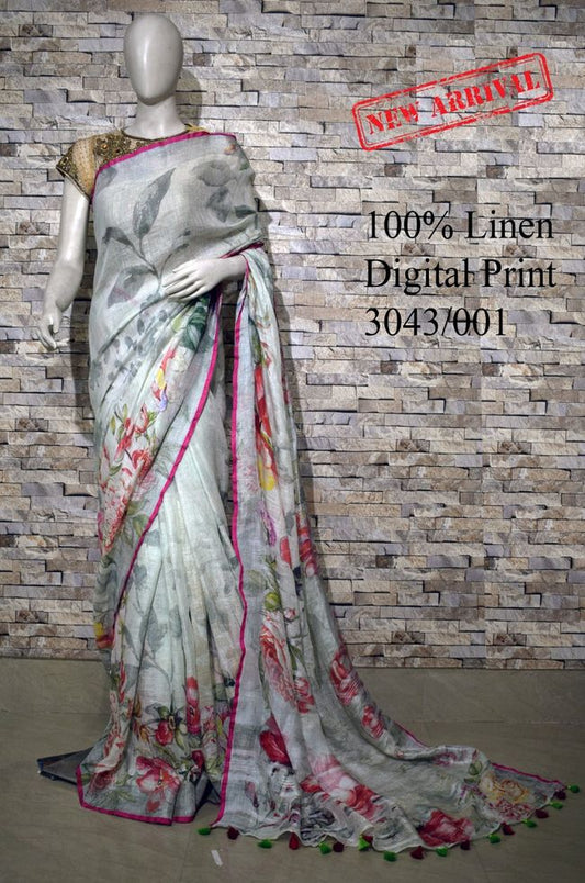 Pastel Shade Floral Printed linen saree I Silver Zari BorderI Handwoven Saree I Pretty Sari | KIHUMS Saree