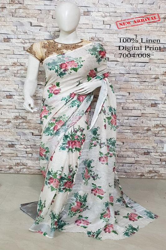 Off White Shade Floral Printed linen saree I Silver Zari BorderI Handwoven Saree I Pretty Sari | KIHUMS Saree