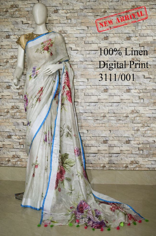 Pastel Shade Floral Printed linen saree I Silver Zari BorderI Handwoven Saree I Pretty Sari | KIHUMS Saree