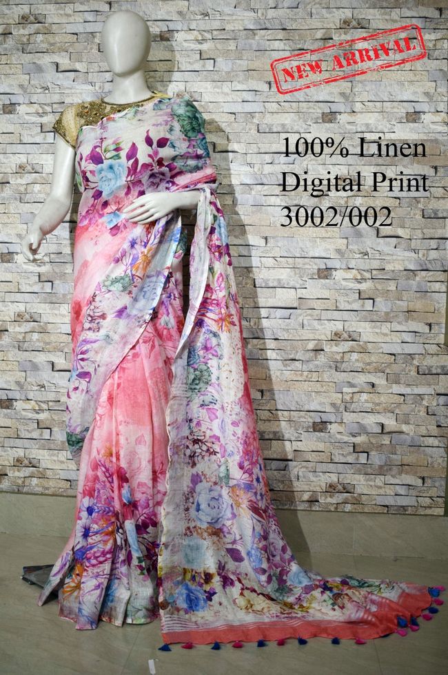 Multi Shade Floral Printed linen saree I Silver Zari BorderI Handwoven Saree I Pretty Sari | KIHUMS Saree