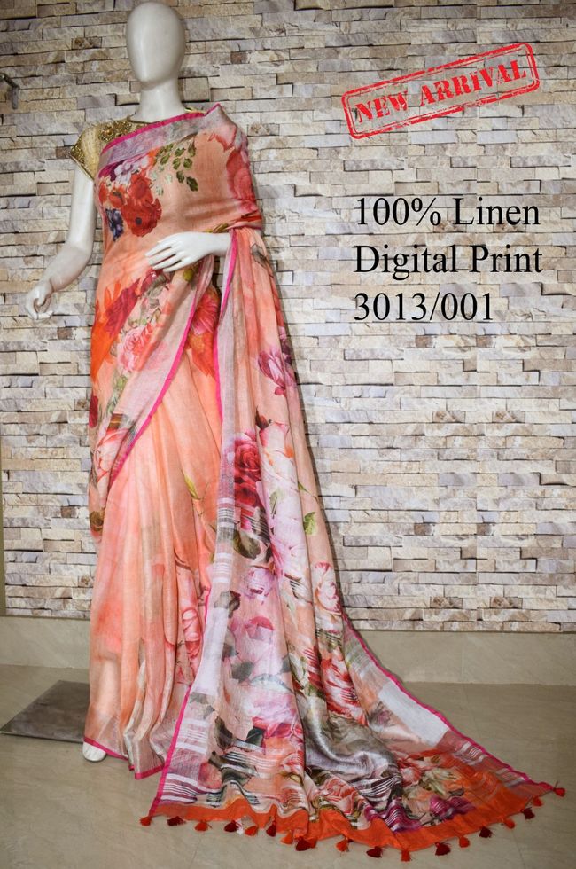 Salmon Shade Floral Printed linen saree I Silver Zari BorderI Handwoven Saree I Pretty Sari | KIHUMS Saree