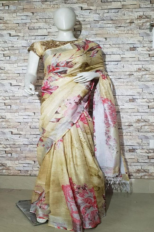 Pastel Yellow Shade Floral Printed linen saree I Silver Zari BorderI Handwoven Saree I Pretty Sari | KIHUMS Saree