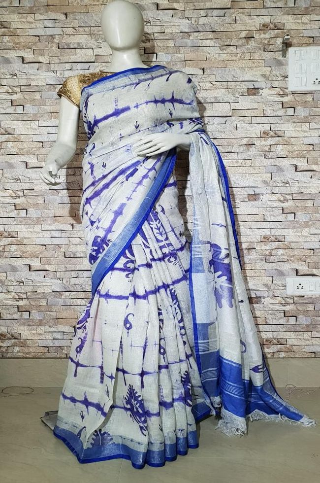 White Shade Printed linen saree I Silver Zari BorderI Handwoven Saree I Pretty Sari | KIHUMS Saree