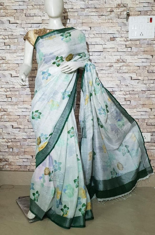 Pastel Shade Floral Printed linen saree I Silver Zari BorderI Handwoven Saree I Pretty Sari | KIHUMS Saree