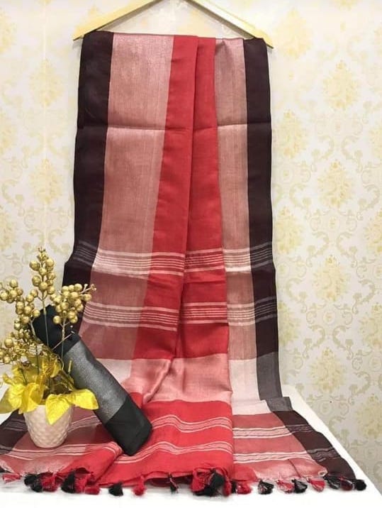 Dark Red Handwoven organic Linen Saree| Silver Border |KIHUMS Saree