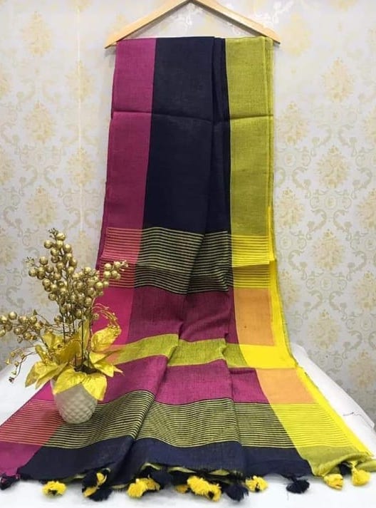 Black Handwoven organic Linen Saree| Contrast Border KIHUMS Saree