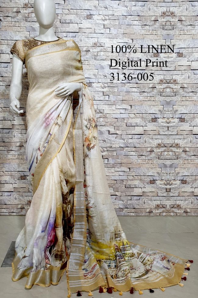 Pastel Shade Floral Printed linen saree I Silver Zari BorderI Handwoven Saree I Pretty Sari | KIHUMS Saree