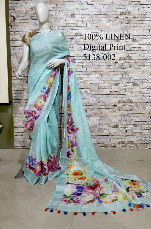 Blue Shade Floral Printed linen saree I Silver Zari BorderI Handwoven Saree I Pretty Sari | KIHUMS Saree