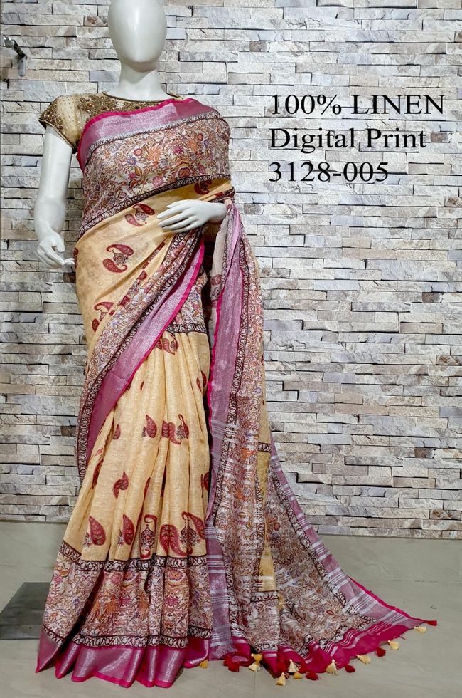 Yellow Shade Kalamkari Printed linen saree I Silver Zari BorderI Handwoven Saree I Pretty Sari | KIHUMS Saree