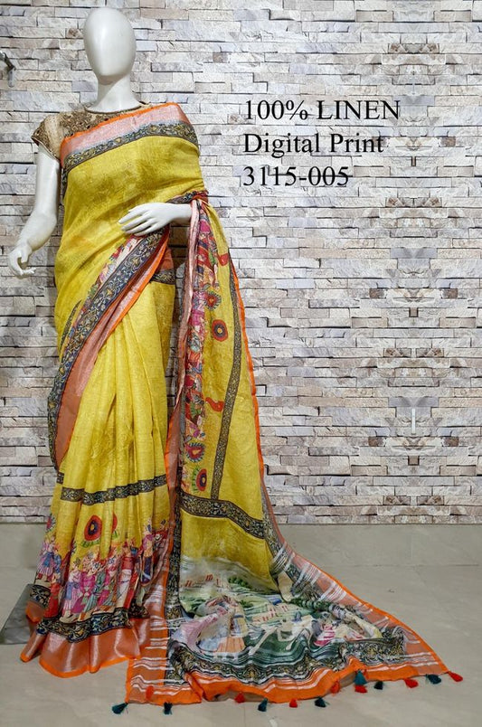 Yellow Shade Kalamkari & Floral Printed linen saree I Silver Zari BorderI Handwoven Saree I Pretty Sari | KIHUMS Saree