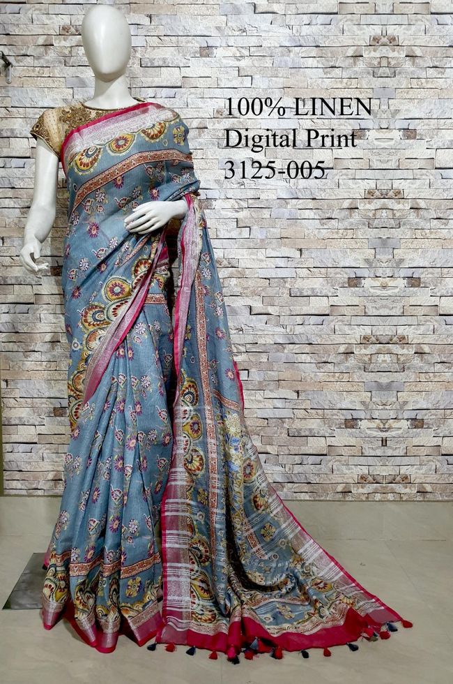 Blue Shade Kalamkari Printed linen saree I Silver Zari BorderI Handwoven Saree I Pretty Sari | KIHUMS Saree