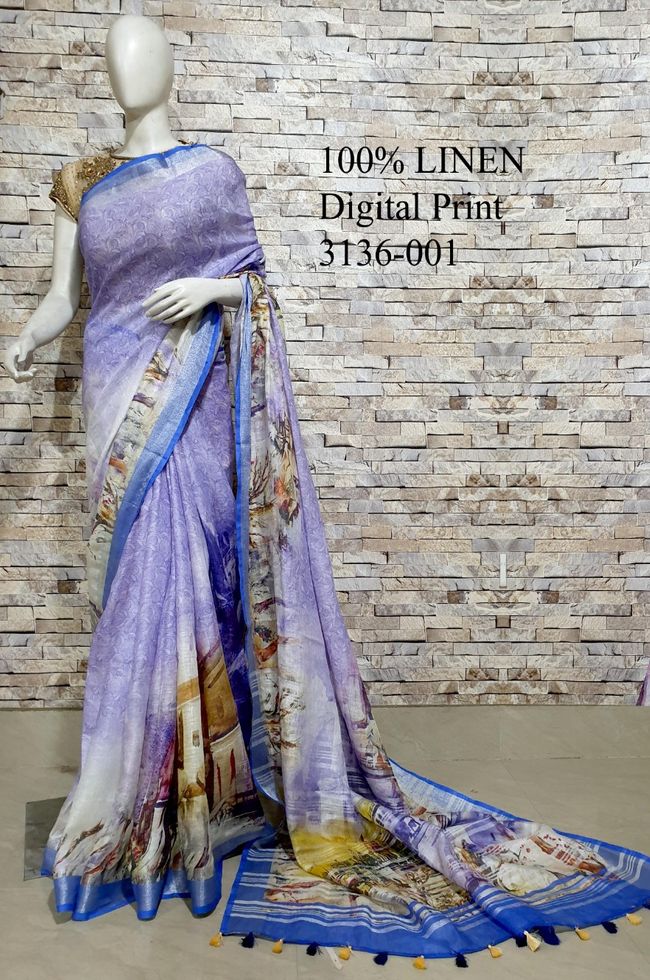 Purple Shade Kalamkari Printed linen saree I Silver Zari BorderI Handwoven Saree I Pretty Sari | KIHUMS Saree